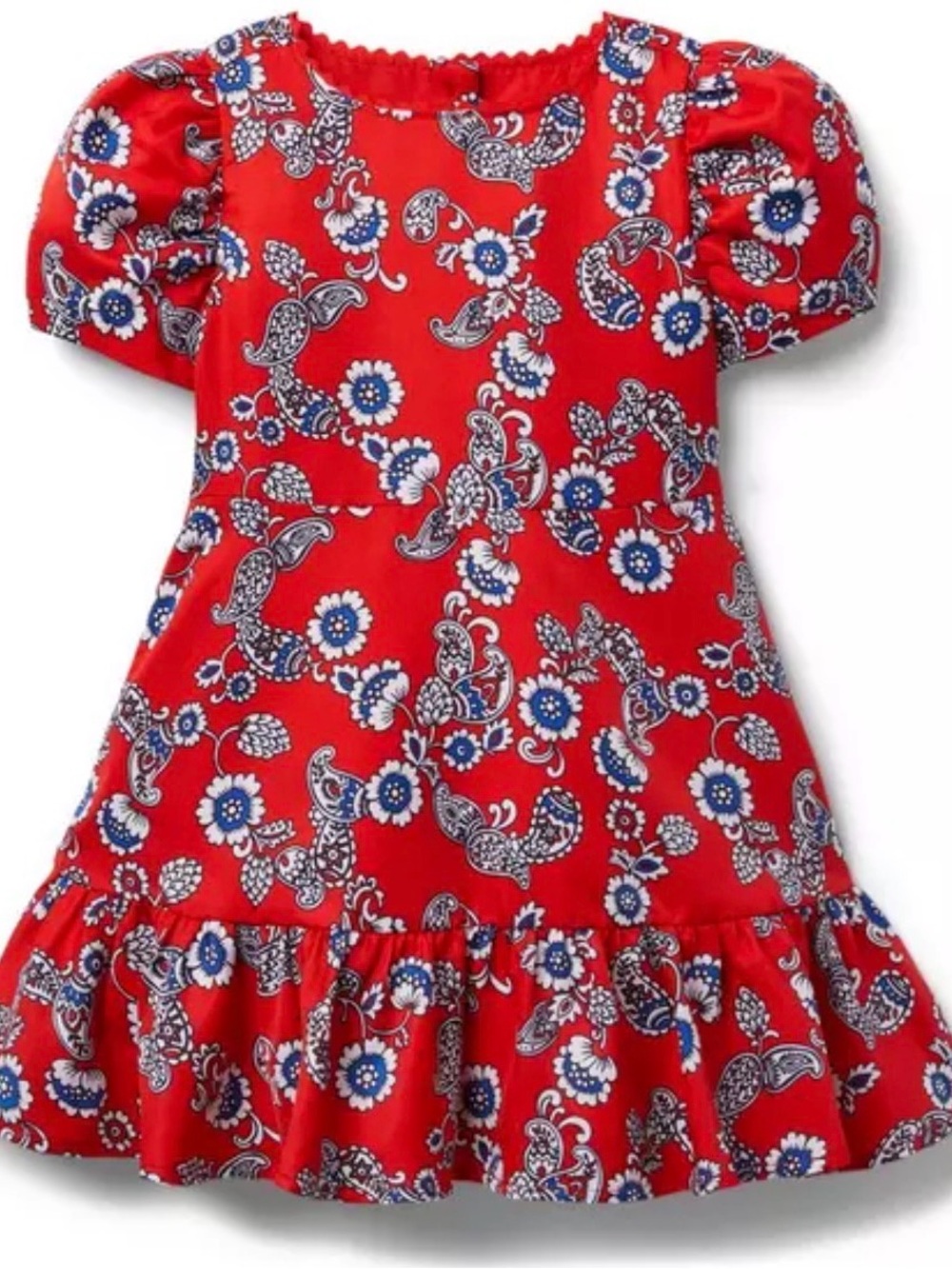 Janie and Jack Red/Blue Floral Dress Girls Size 12 Puff Sleeve Ruffle Hem